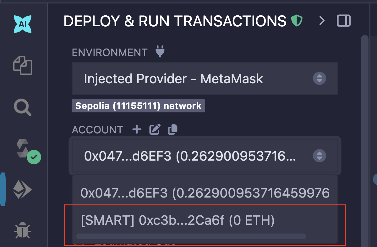 Deploy and run section showing a selected smart account.