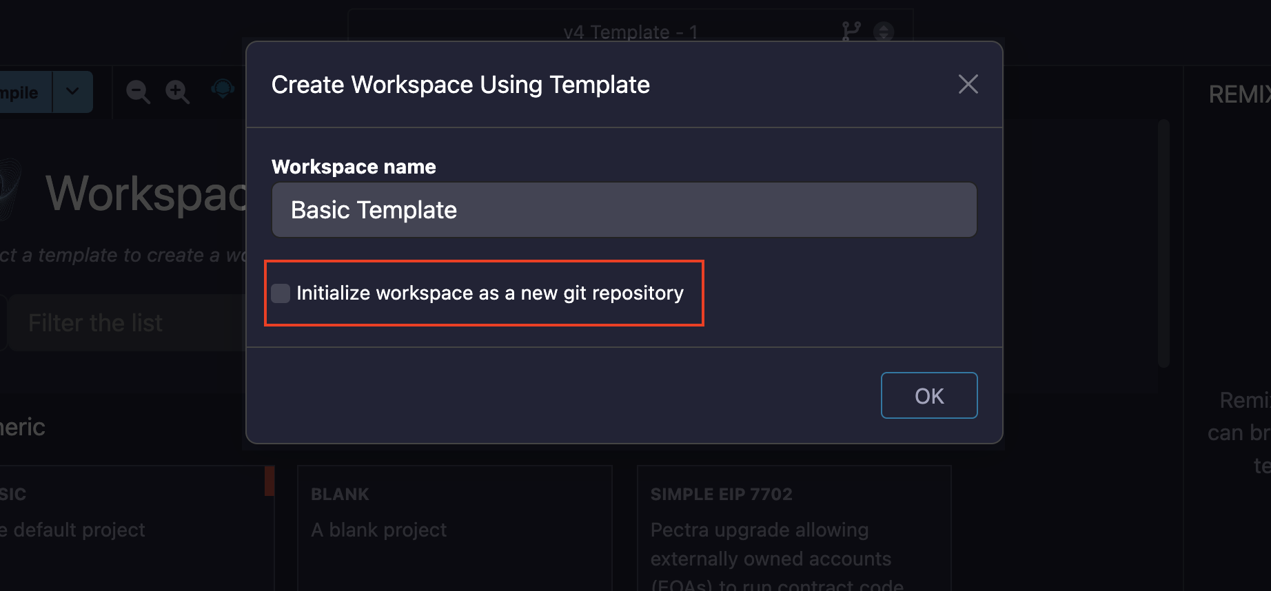 Create Workspace with template modal with Initialize Workspace with Git highlighted.
