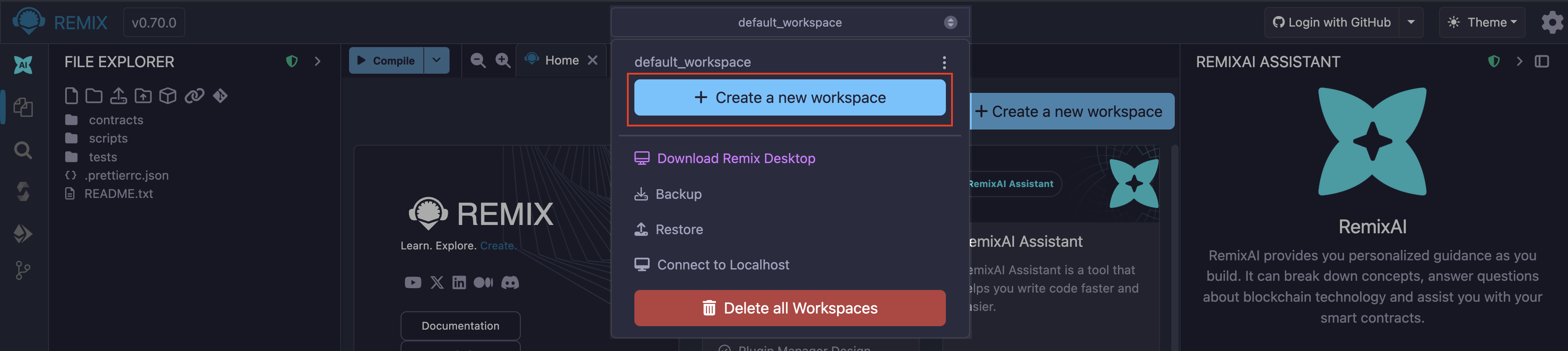 Workspaces dropdown highlighting the Create new workspace button