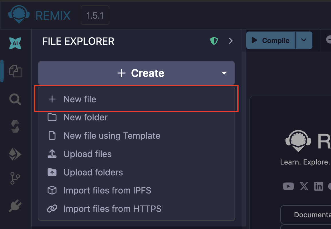 Remix File Explorer highlighting the create new file icon.