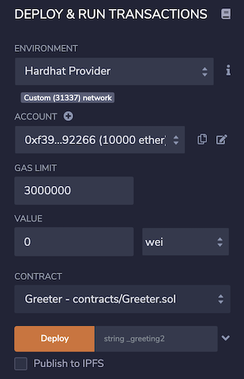 Remix IDE connected to Hardhat Provider showing loaded accounts