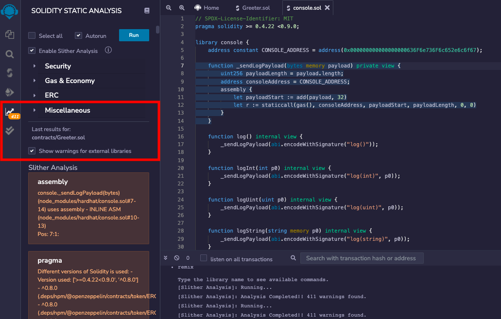 Slither analysis report showing warnings for external libraries