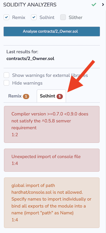 Error and warning badges on the analysis tool tabs