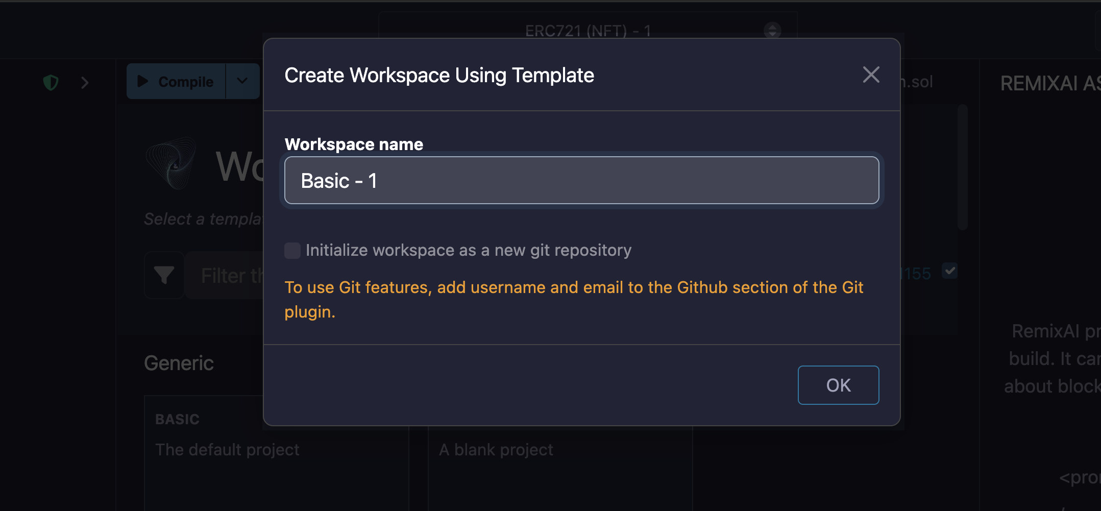 Create Workspace with template modal