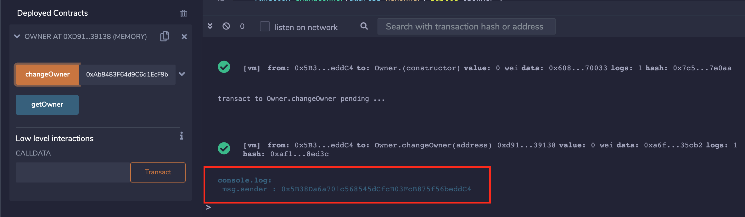 Remix terminal showing console.log output after transaction