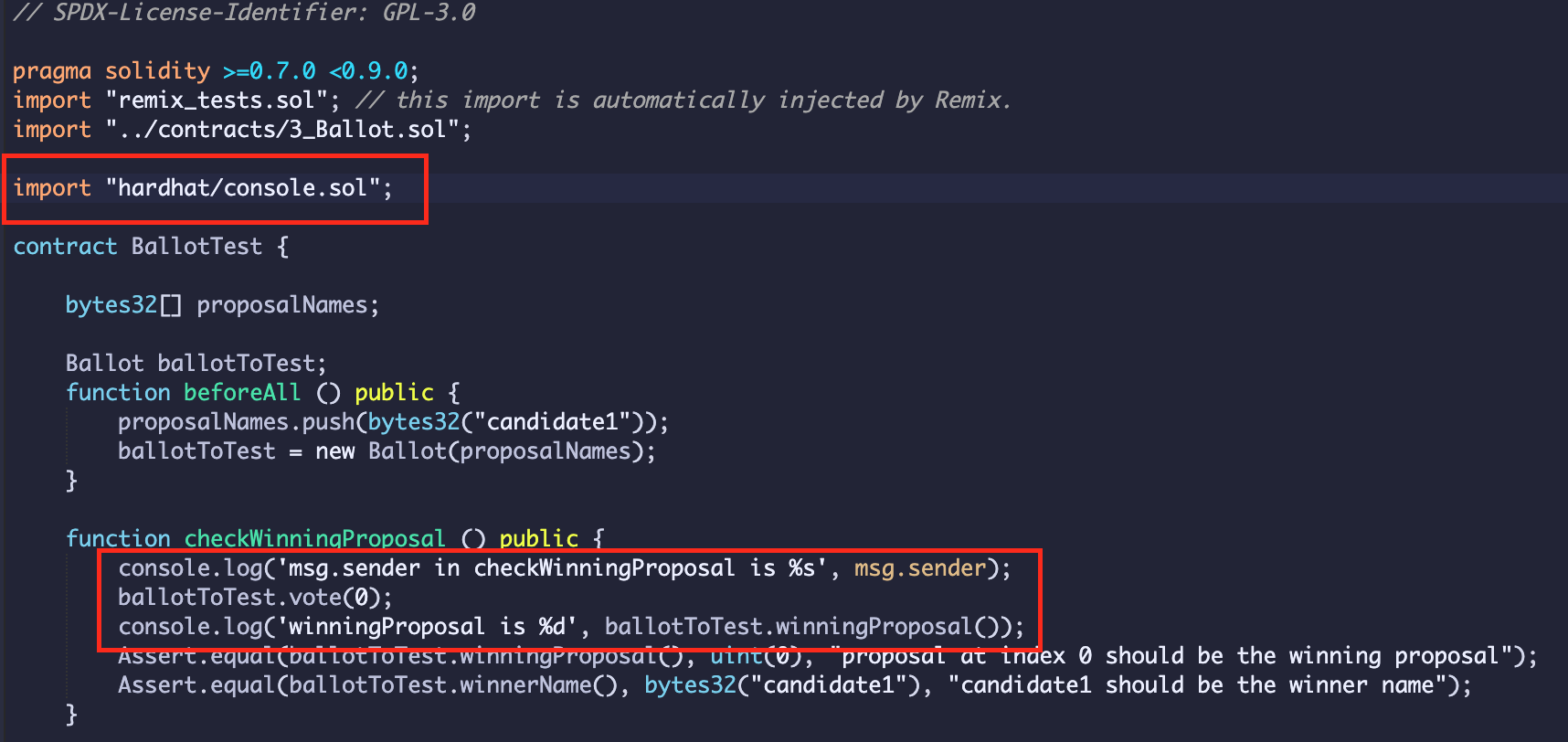 Solidity unit test file using console.log